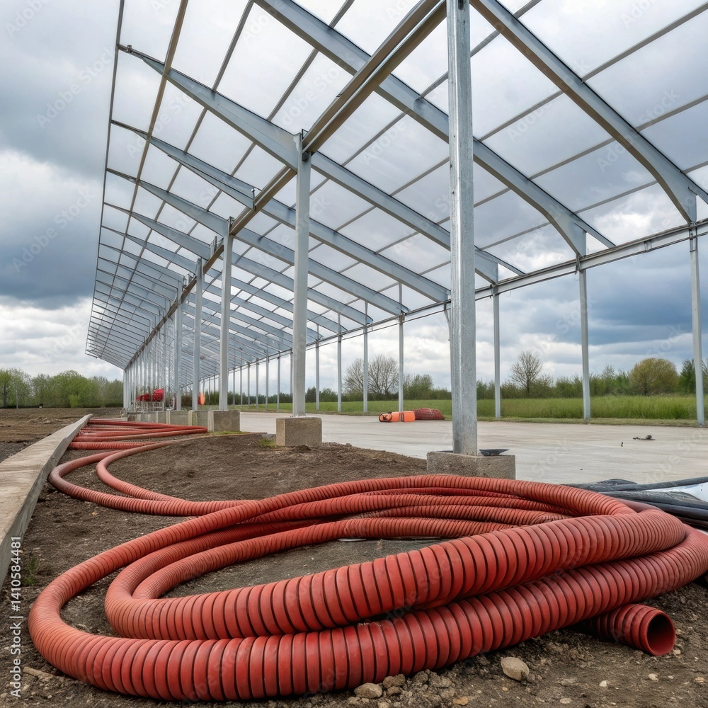 Aufkleber A detailed shot of flexible fire suppression tubing coiling along the framework of a temporary structure demonstrating resilience and adaptability to various environments.