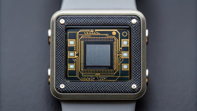 A detailed shot of a gas detection sensor embedded in a wearable device featuring intricate circuits and protective mesh screen for environmental resilience.