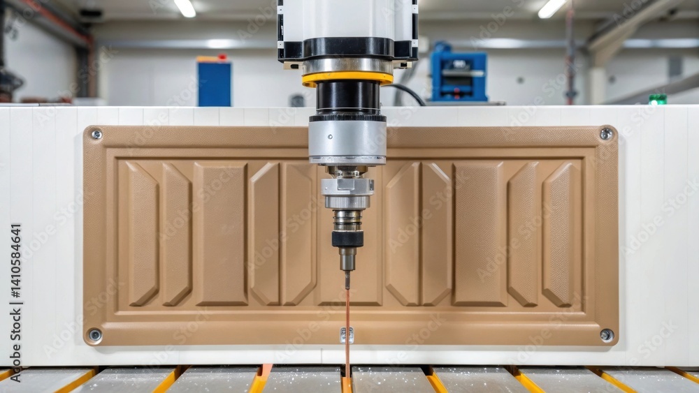 Poster A detailed view of a robotic tool head applying adhesive to the back of a wall panel capturing the layering technique for a perfect bond.