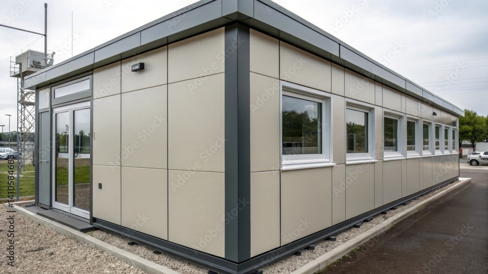 Poster A detailed view of a modular units exterior focusing on the finish of the weatherresistant materials and the clean lines that define its modern design.