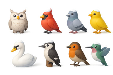 Fototapeta premium 3D icon set of birds in winter: owl, cardinal, pigeon, canary, swan, woodpecker, robin, hummingbird. 3d icon. icons set of 3d style in a modern design. Isolated