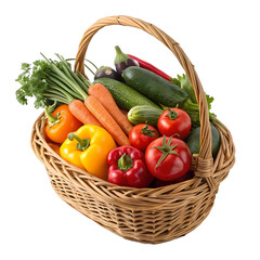 Vegetable basket isolated on transparent background, Woven wicker basket, fresh vegetables, colorful produce