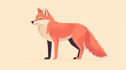 Fototapeta premium Cartoon fox profile, standing still, light beige background, children's book illustration, educational poster