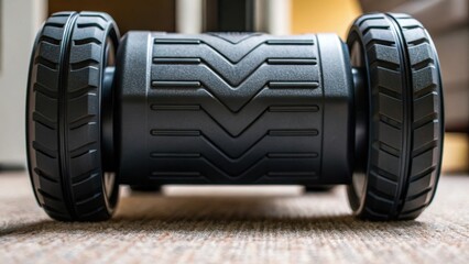 A detailed view of the vacuums wheels featuring rugged tread patterns capable of climbing thresholds and navigating over carpets and tiles seamlessly.