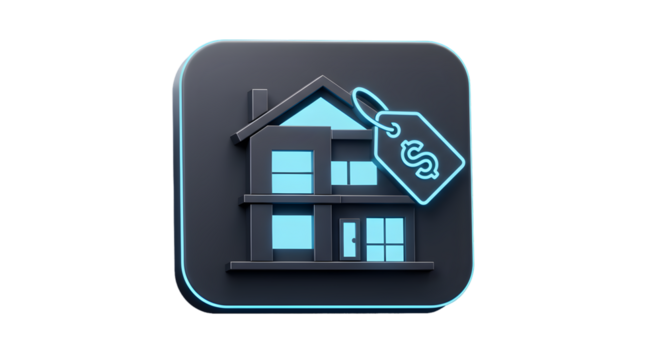 An illustration of a house with a price tag on a dark gray rounded square with a blue neon outline