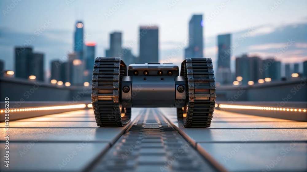 Aufkleber A medium closeup capturing the robotic systems wheels and tracks maneuvering on an elevated platform with the urban skyline visible in the background showcasing its mobility and
