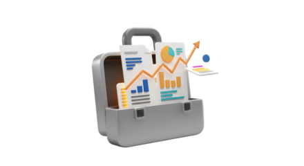 Open briefcase with financial charts and graphs showing business data and upward trend analysis