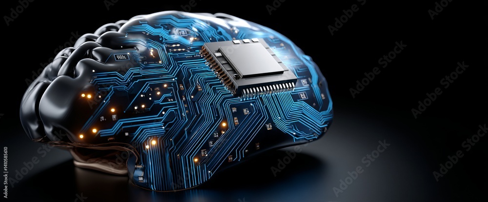 Poster the human brain set against a technological backdrop symbolizes the intersection of stock and cybers