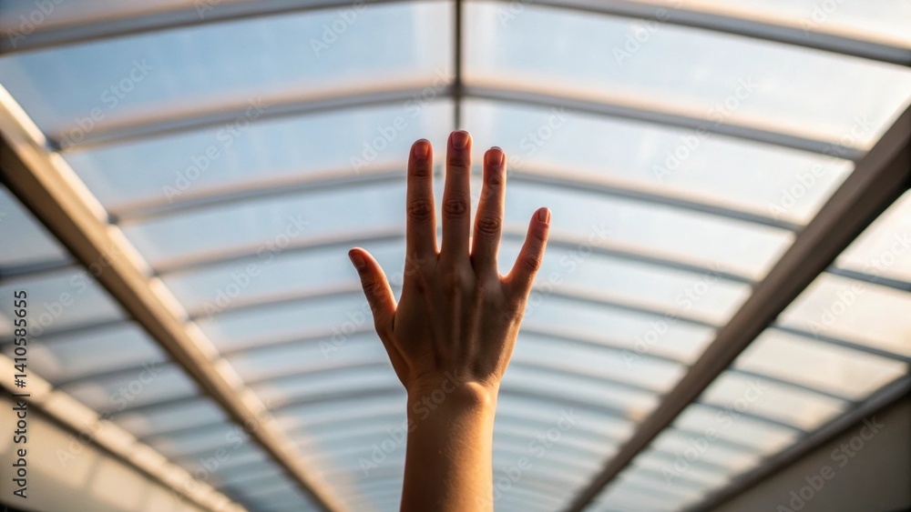 Poster A medium closeup focusing on a hand reaching up to touch the transparent roof where the interplay of light and solar shading patterns creates an inviting atmosphere.