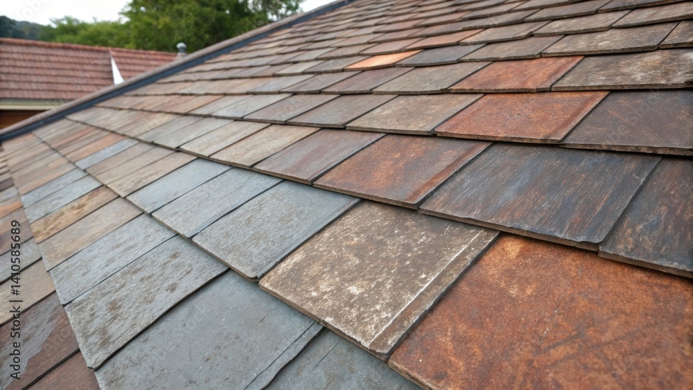 Poster a medium closeup focusing on recycled metal roofing shingles featuring a mix of shiny and matte fini