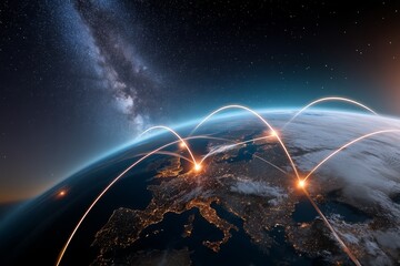 Europe's telecommunication network connects France, Germany, the UK, Italy, and other countries, focusing on internet and global communication technology for finance, blockchain, or IoT, with