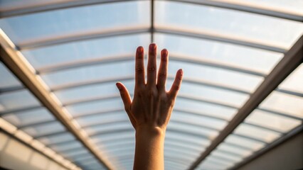 A medium closeup focusing on a hand reaching up to touch the transparent roof where the interplay of light and solar shading patterns creates an inviting atmosphere.