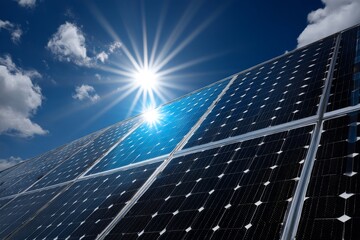 A solar panel set against a backdrop of sunlight and a blue sky, symbolizing clean energy harnessed from nature