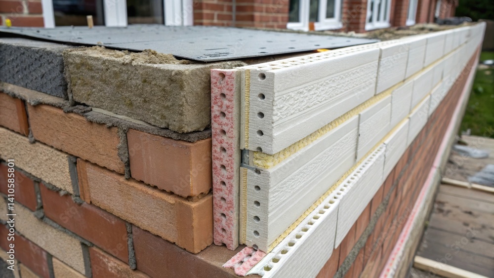 Aufkleber A medium closeup highlighting a section of a reinforced building envelope with integrated moisture barriers and thermal insulation demonstrating the overlap and secure fastening