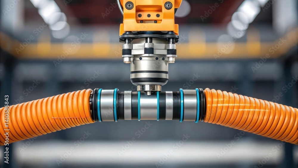Aufkleber A medium closeup highlighting a robotic arm gripping a concrete delivery hose its joints and sensors visible demonstrating precision engineering in action.