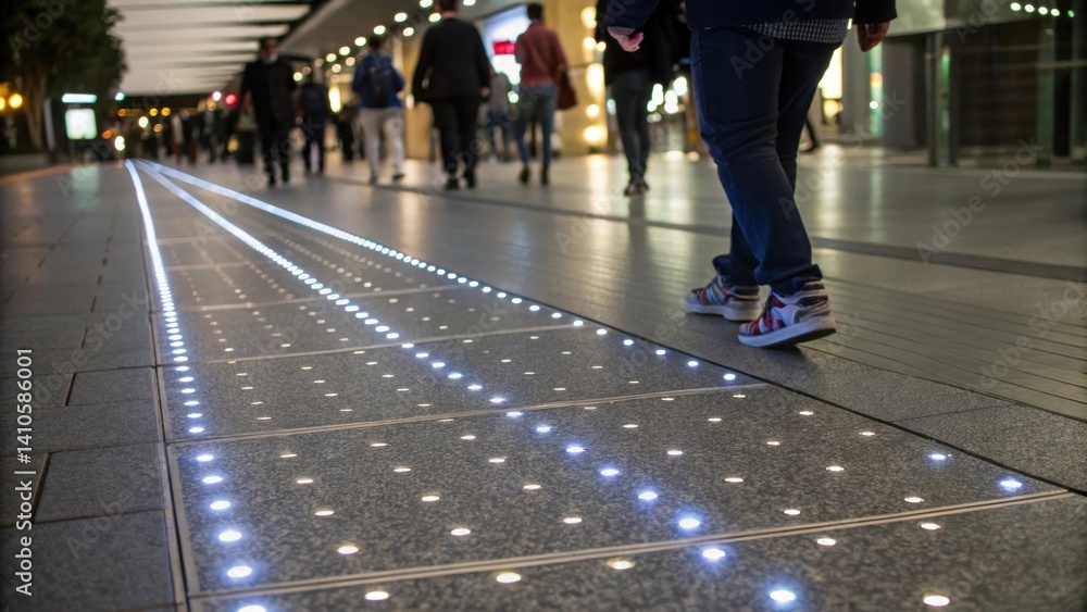 Poster A medium closeup illustrating the floor surface illuminated with LEDs demonstrating how generated kinetic energy lights up the pathway as people walk.
