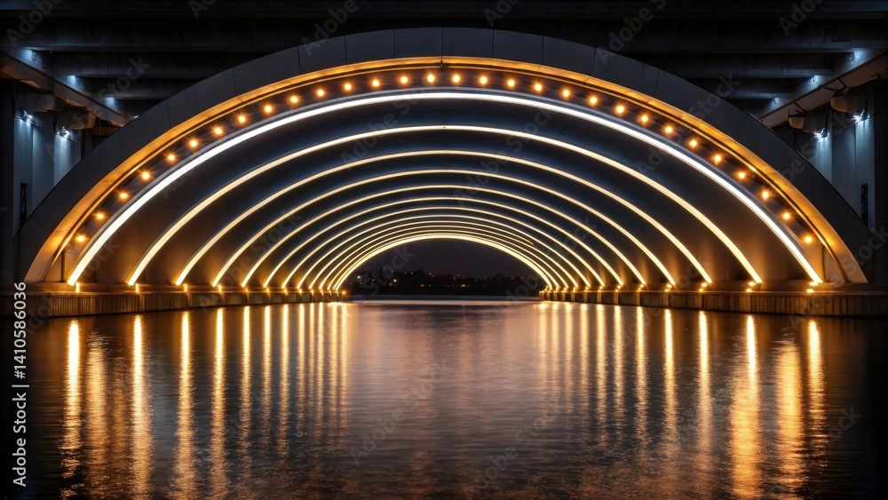 Poster A medium closeup image featuring a bridge arch highlighting the aesthetic integration of lights that accentuate its curvature casting dynamic reflections on the water below.