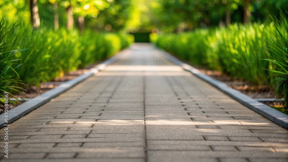 Poster A medium closeup image focused on the borders of a permeable pathway where the pavement joins with lush vegetation illustrating harmony between hard and soft landscapes.