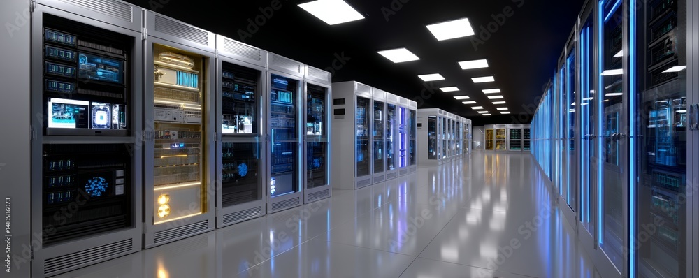 Aufkleber A data server rack center is equipped with a backup cloud service and 3D rendering