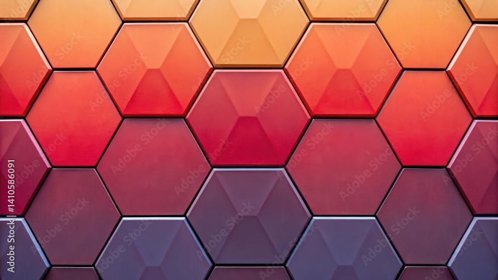 Poster A medium closeup image focusing on a series of interlocking hexagonal wall panels each shifting color from warm reds to cool purples reflecting a modern architectural design.