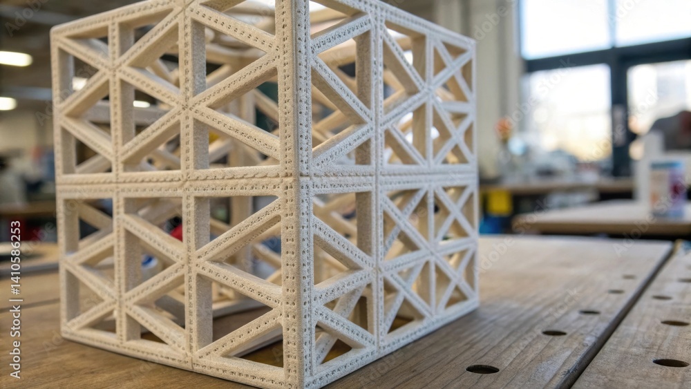 Poster A medium closeup of a 4Dprinted lattice framework highlighting its lightweight design showcasing how the modular pieces interlock seamlessly emphasizing structural integrity and