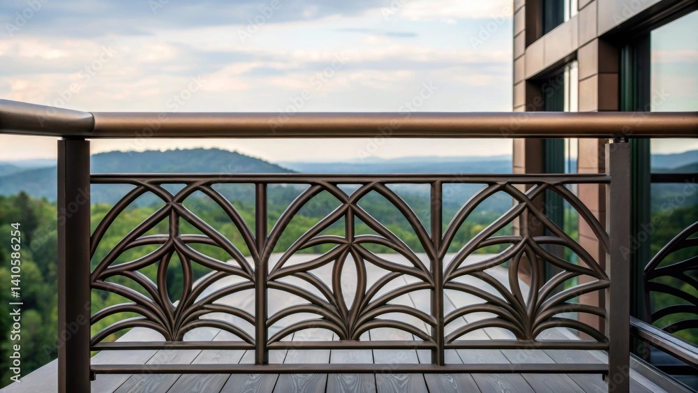 Poster a medium closeup of a balcony railing made from repurposed steel intricately designed with organic s