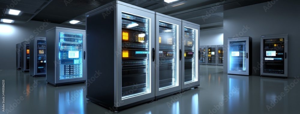 Poster a data center server room featuring backup, mining, hosting, mainframe, farm, and computer rack with