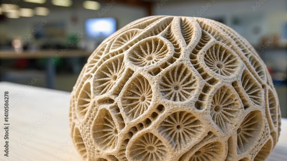 Poster A medium closeup of a bioinspired 4Dprinted structure mimicking natural forms focusing on the intricate details and patterns that enhance adaptability and resilience.