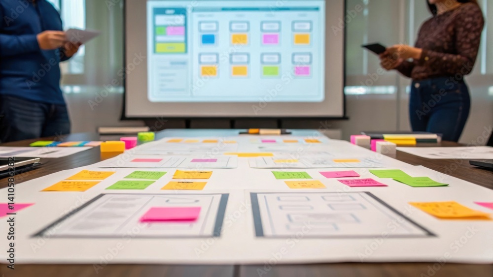 Poster A medium closeup of a brainstorming session where team members are analyzing printed site layout concepts with sticky notes and markers sprawled across a table. Behind them a