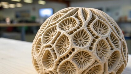 A medium closeup of a bioinspired 4Dprinted structure mimicking natural forms focusing on the intricate details and patterns that enhance adaptability and resilience.