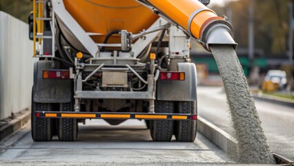 A medium closeup of a concrete pump truck in operation with concrete being pumped through a large articulated boom clearly showing the mechanics involved in the pouring process.