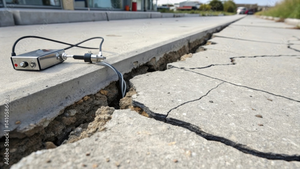 Poster A medium closeup of a crack in smart concrete with an embedded sensor positioned nearby focusing on the sensors role in detecting stress and strain variations surrounding the