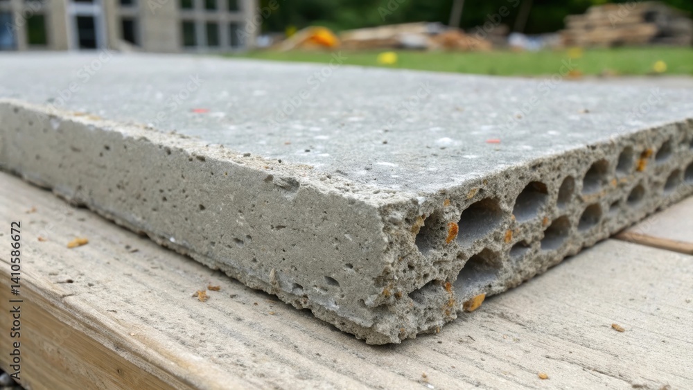 Poster a medium closeup of a crosssection of carbonabsorbing concrete with visible air pockets and additive