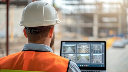 A medium closeup of a construction supervisor reviewing defect detection results on a digital dashboard with overlays of scanned imagery from construction materials.