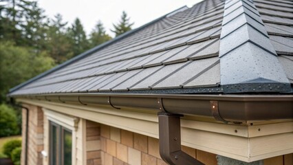 A medium closeup of a corner detail where various roofing materials meet emphasizing the integration of different windresistant technologies and the meticulous craftsmanship