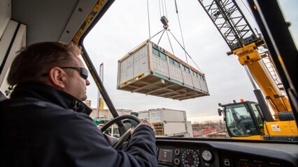 A medium closeup of a crane operators view while lifting a large modular section into place capturing the combination of machinery and human skill during the assembly.