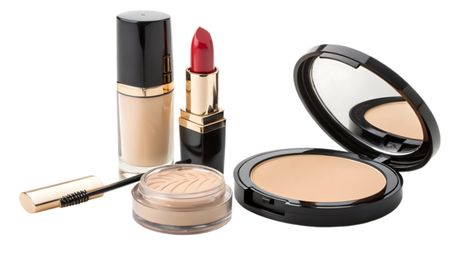 makeup products  lipstick  foundation  on white background PNG. AI GENERATED