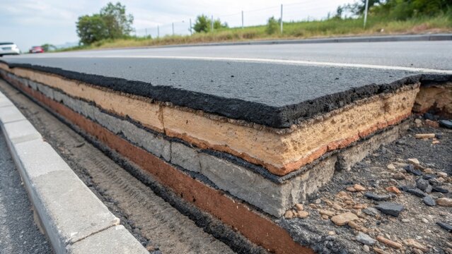 A medium closeup of a crosssection of pavement revealing layers that include a selfhealing asphalt layer emphasizing its integration into modern engineering designs.