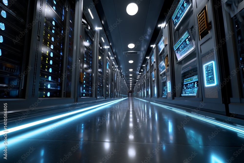 Poster a data center interior illustrates the concept of network and internet communication technology, com
