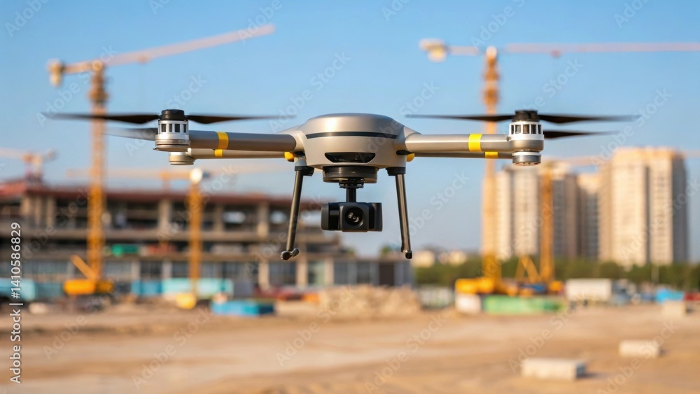 Poster A medium closeup of a drone equipped with IoT sensors flying above a construction site capturing aerial data and transmitting it back to the control center.