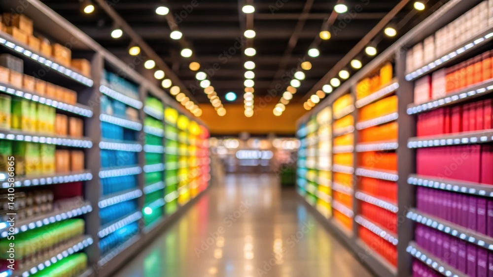 Poster A medium closeup of a dynamic lighting scene being showcased in a retail store with colorful shelves illuminated to draw attention and enhance customer experience.