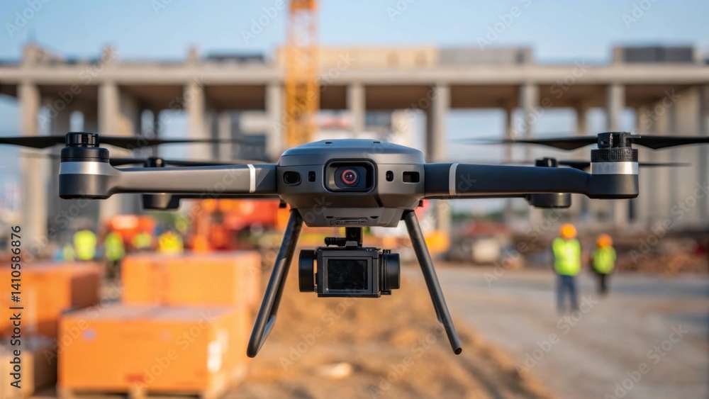 Poster a medium closeup of a drone surveying the construction area highlighting its role in providing aeria