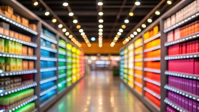 A medium closeup of a dynamic lighting scene being showcased in a retail store with colorful shelves illuminated to draw attention and enhance customer experience.