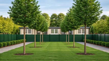 Obraz premium A medium closeup of a garden area with windbreak trees strategically planted around the modular home illustrating thoughtful landscaping designed to reduce wind impact and enhance