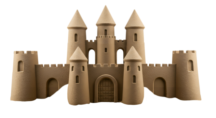 Detailed Sandcastle with Towers and Arches on Transparent Background