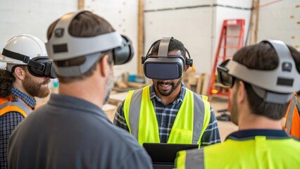 A medium closeup of a group of construction workers gathered around a virtual reality setup collaborating on safety training that utilizes AIgenerated scenarios from the