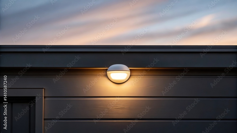 Poster A medium closeup of a light sensor mounted on a building detecting ambient light levels with a subtle glow emanating from a nearby lamp as dusk approaches.