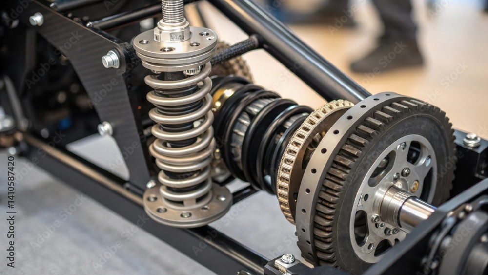 Poster A medium closeup of an advanced mechanical spring mechanism that utilizes precise engineering designed to support heavy loads while significantly reducing vibrations.