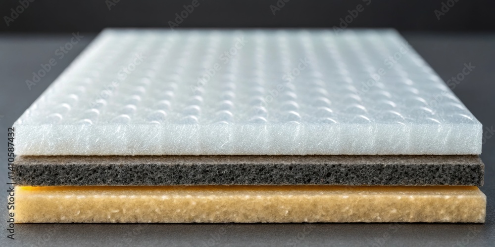 Poster A medium closeup of an aerogel panel layered with additional insulation materials highlighting the contrast between the different textures and the innovative composite nature of