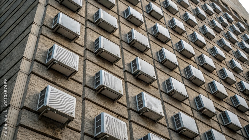 Aufkleber a medium closeup of an angular building facade with a grid of compact battery units emphasizing thei